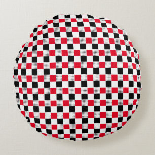 Stylish red black & white Chequerboard classic Round Cushion