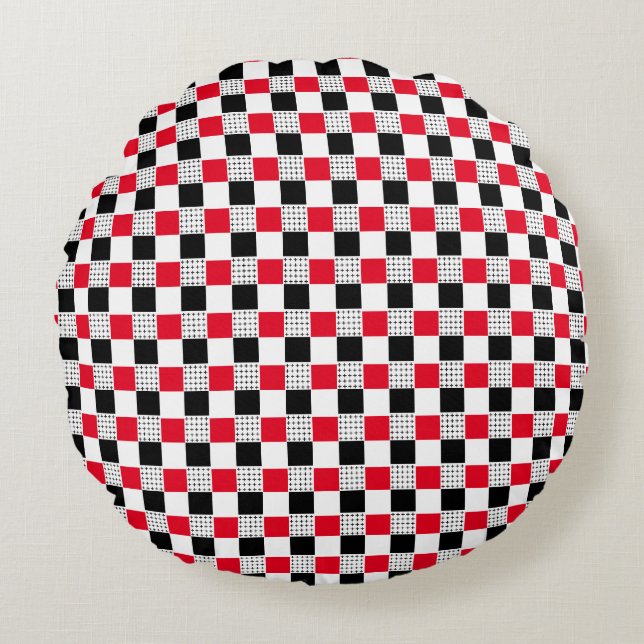 Stylish red black & white Chequerboard classic Round Cushion (Front)