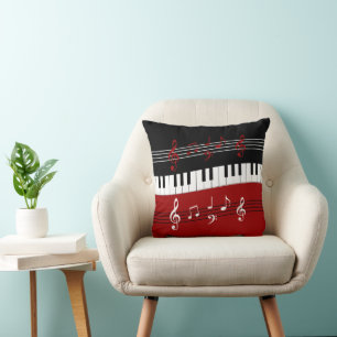 Stylish Red Black White Piano Keys and Notes Cushion