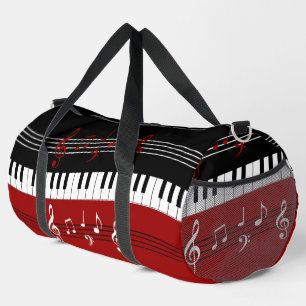 Stylish Red Black White Piano Keys and Notes Duffle Bag