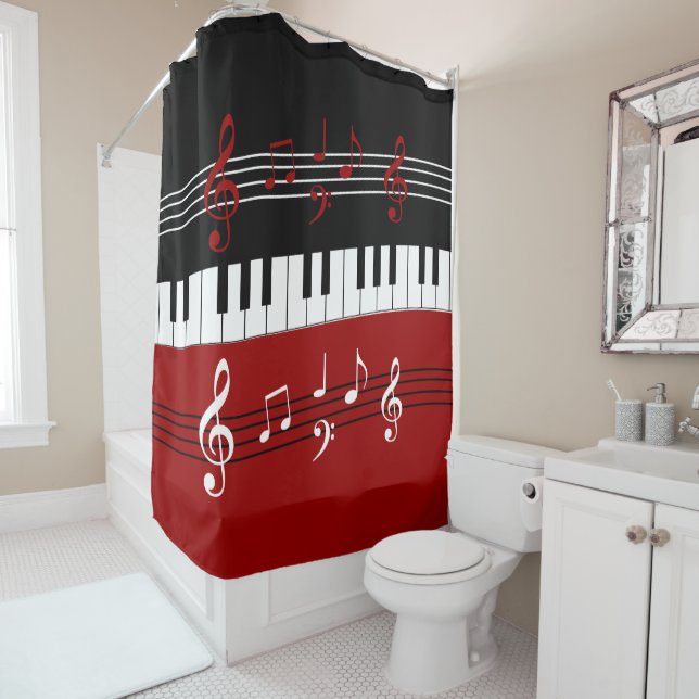 Stylish Red Black White Piano Keys and Notes Shower Curtain (In Situ)