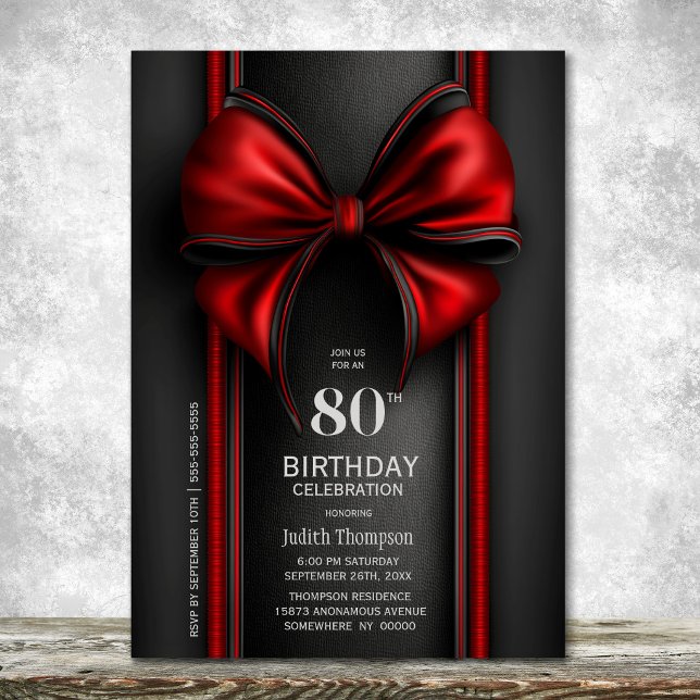 Stylish Red Bow 80th Birthday Party Invitation (Creator Uploaded)
