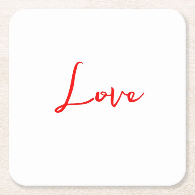 Stylish Red Calligraphy White Love Wedding Square Paper Coaster (Front)