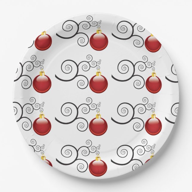 Stylish Red Christmas Ornament Pattern Paper Plate (Front)