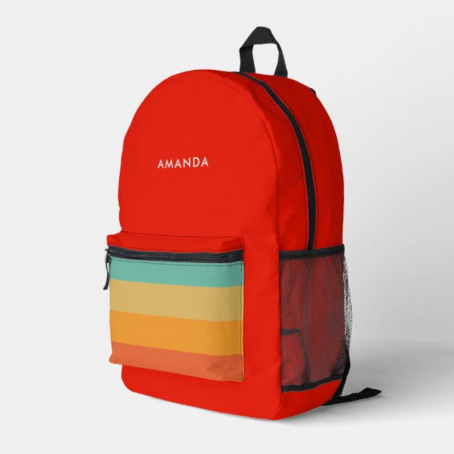 Stylish Red & Colourful Retro Stripes Printed Backpack (Back Corner Right)