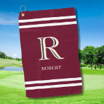 Stylish Red Custom Personalised Monogram Name   Golf Towel<br><div class="desc">This unique golf towel features a three colour monogram — look closely and you will see for yourself. This is set against a striking red background . Perfect as father's day gifts for dad, gifts for grandfather, husband, groom, best man, groomsmen and more. Perfect as father's day gifts for dad,...</div>