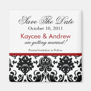 Stylish Red Damask Save The Date Magnet
