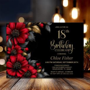 Stylish Red Floral Black 18th Birthday Party Invitation