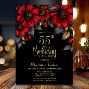 Stylish Red Floral Black 55th Birthday Party Invitation
