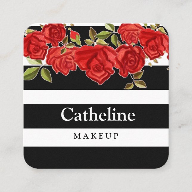 Stylish red floral black white stripes makeup  square business card (Front)