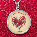 Stylish Red Floral My Heart Belongs To Sterling Silver Necklace<br><div class="desc">A stylish,  deep red floral design in the shape of a heart. Customisable text reading: My Heart Belongs To (add your sweetheart's name).</div>