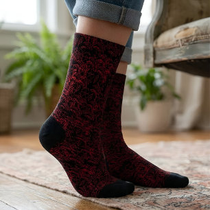 Stylish Red Floral Pattern on Black Socks