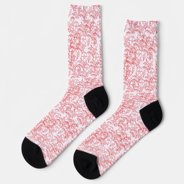Stylish Red floral pattern pattern on white Socks (Left)