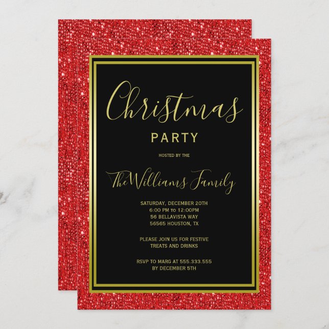 Stylish Red Glitter, Gold Framed Christmas Party Invitation (Front/Back)