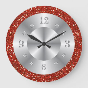 Stylish  Red Glitter Silver Numbers Large Clock