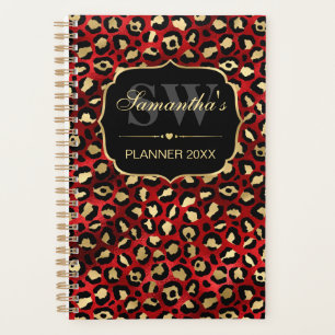 Stylish Red & Gold Foil Leopard Spots Monogram Planner