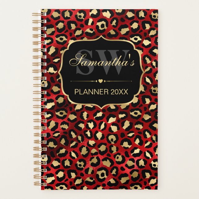 Stylish Red & Gold Foil Leopard Spots Monogram Planner (Front)