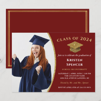 Stylish Red Gold Graduate Photo Graduation Invitation