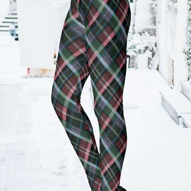 Stylish Red Green Black Tartan Plaid Patterned Leggings (A trendy pair of women's leggings with tartan plaid pattern in dark colors)