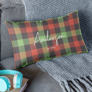 Stylish Red & Green Family Holiday Color Plaid Lumbar Cushion