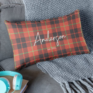 Stylish Red & Green Family Holiday Color Plaid Lumbar Cushion