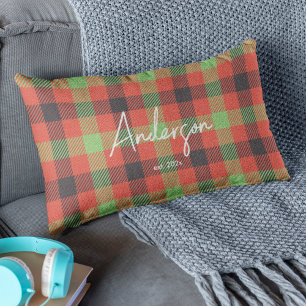 Stylish Red & Green Family Holiday Color Plaid Lumbar Cushion