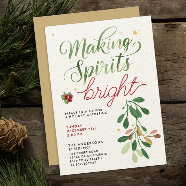 Stylish Red Green Making Spirits Bright Watercolor Invitation (Creator Uploaded)