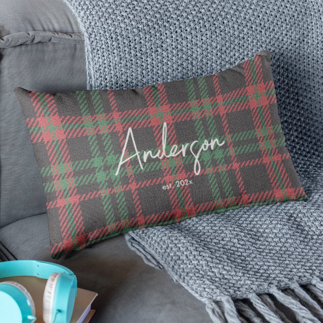 Stylish Red & Green Muted Holiday Colour Plaid Lumbar Cushion (Creator Uploaded)