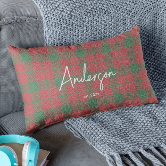 Stylish Red & Green Muted Holiday Colour Plaid Lumbar Cushion (Creator Uploaded)