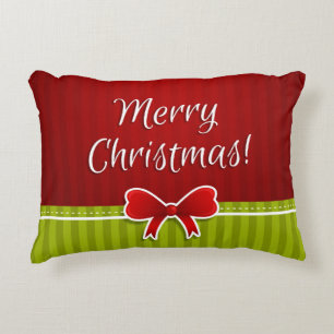 Stylish Red Green Stripes Merry Christmas Design Decorative Cushion