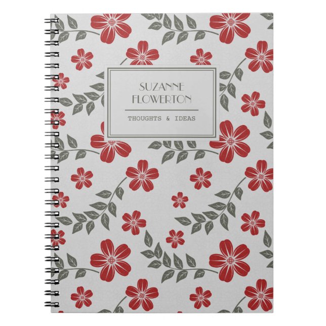 Stylish Red Grey Flowers and Leaves Personalised Notebook (Front)