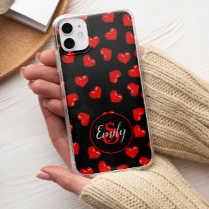 stylish Red heart pattern on black Custom monogram iPhone 13 Pro Max Case