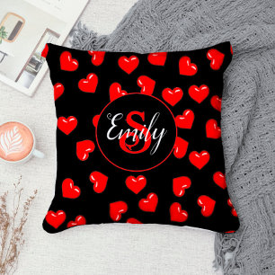 stylish Red heart pattern on black Custom monogram Cushion