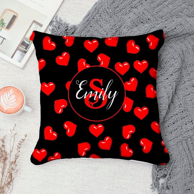 stylish Red heart pattern on black Custom monogram Cushion (Creator Uploaded)