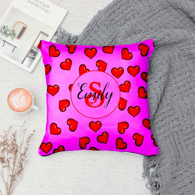 stylish Red heart pattern on purple monogramed Cushion (Creator Uploaded)