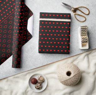 Stylish Red Hearts Pattern On Black Wrapping Paper