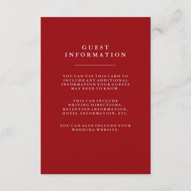 Stylish Red Holiday Wedding Guest Information Enclosure Card (Front)