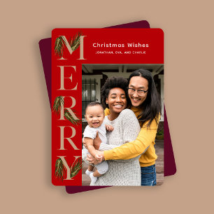 Stylish Red Merry Pine Photo Botanical Christmas  Holiday Card