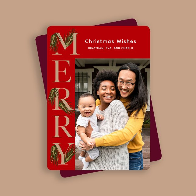 Stylish Red Merry Pine Photo Botanical Christmas  Holiday Card (Creator Uploaded)