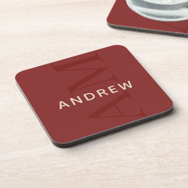Stylish Red Monogram with Name Coaster (Left Side)