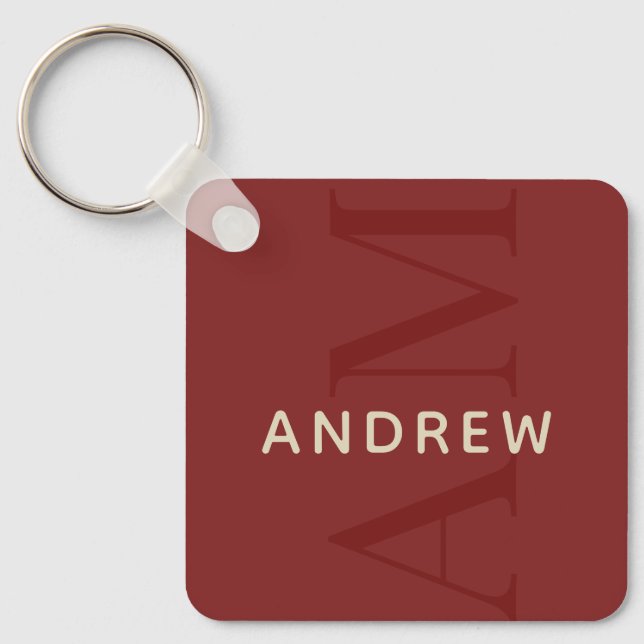 Stylish Red Monogram with Name Key Ring (Front)