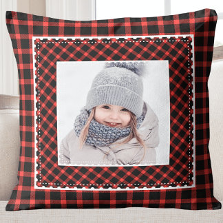 Stylish Red Plaid Kids Photo Holiday Christmas Cushion