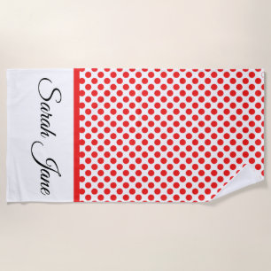 Stylish Red Polka dots on white personalised Beach Towel