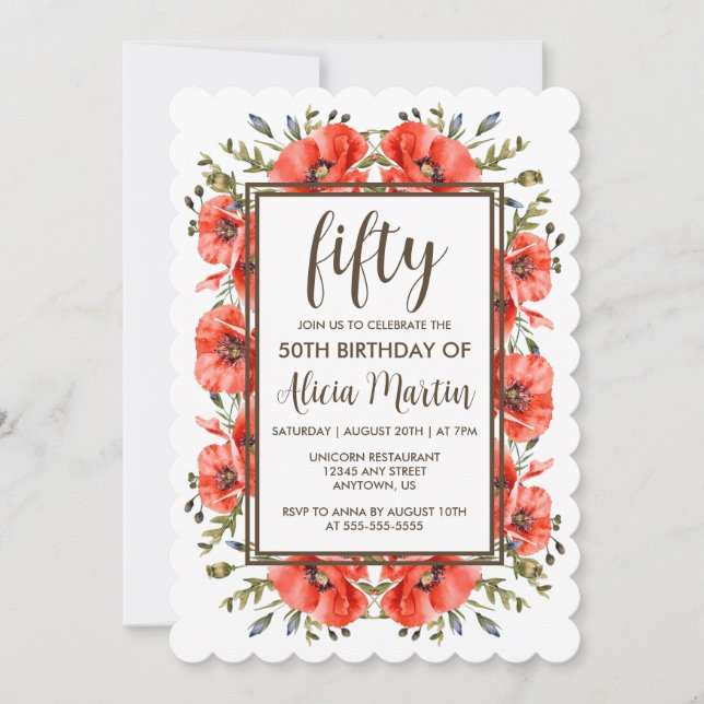 Stylish Red Poppy Flora 50th Birthday Invitation (Front)