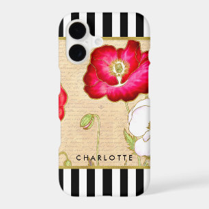 Stylish Red Poppy Floral Black Stripes With Name