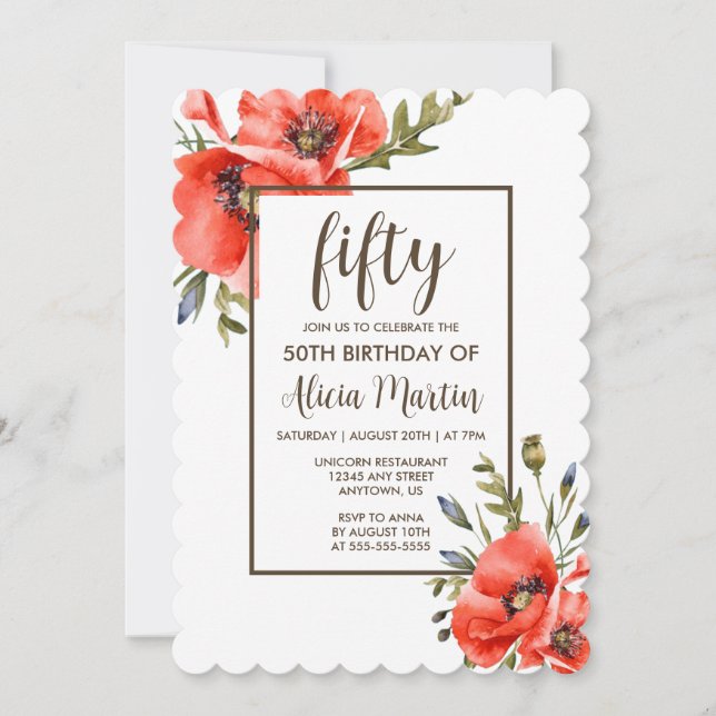Stylish Red Poppy Flower 50th Birthday Invitation (Front)