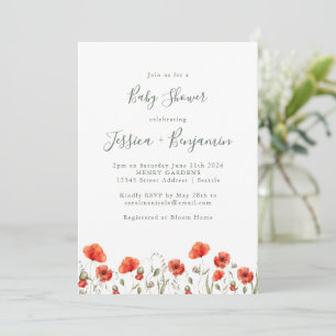 Stylish Red Poppy Garden Floral Baby Shower Invitation