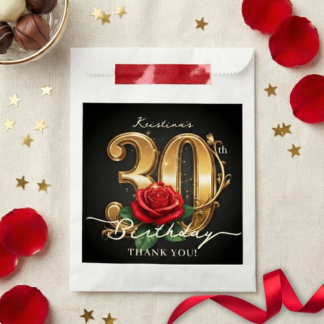 Stylish Red Rose Black Gold Glitter 30th Birthday Favour Bags (Creator Uploaded)