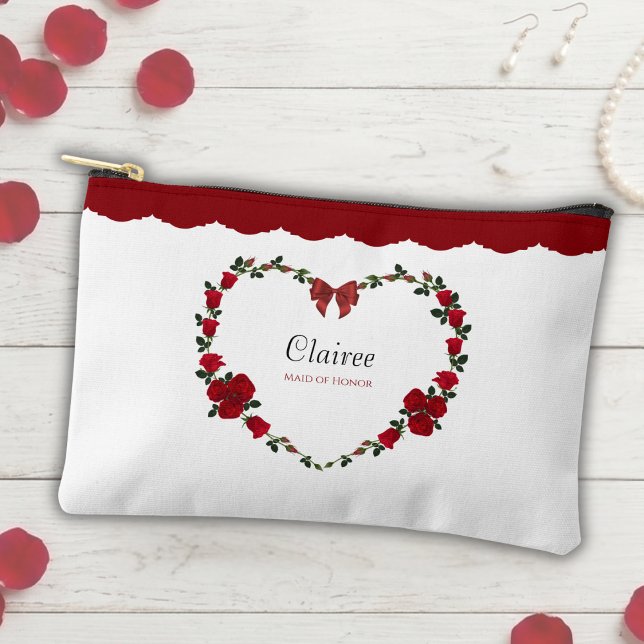 Stylish Red Rose Maid of Honour Makeup Bag (Honor her with a stylish and coordinated floral pouch for wedding day touch-ups.)