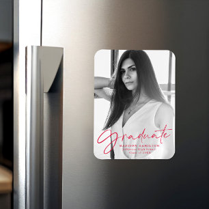 Stylish Red Script Graduation Announcement Photo Magnet